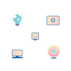 Colorful digital icons representing technology, creativity, and innovation in a modern design layout