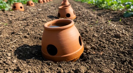 Row of terracotta ollas, clay pots filled with water, used for efficient and sustainable irrigation in a garden or agricultural field, promoting water conservation and eco-friendly farming practices.