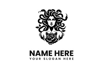 Medusa, a mythical figure, depicted with snakes for hair, holding a rose, in a stylish black and white logo design.
