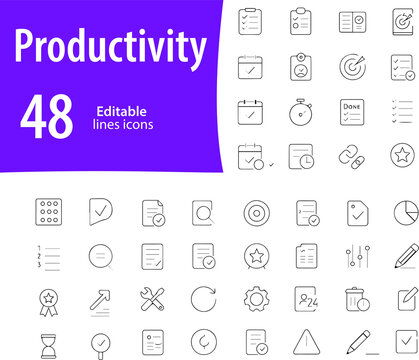 Productivity Line Icons, Task List, Time Management, Focus Mode, Calendar, Goal Setting, Editable Formats: AI, EPS, PNG, JPG, Ideal for Both Digital and Print Use
