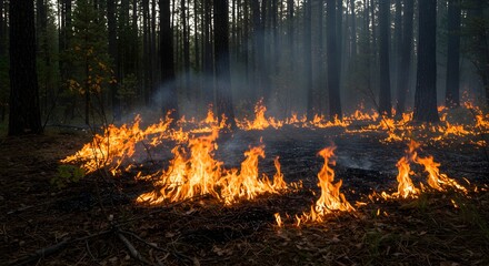 Intense forest fire burning through dry undergrowth and pine needles in a dense coniferous woodland, with flames and smoke, illustrating environmental damage and wildfire disaster.