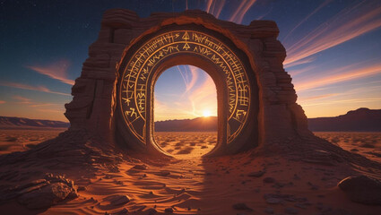 A warm sunset bathes an old stone castle gate in golden light, highlighting weathered bricks, rugged architecture, and a rolling medieval landscape under a dramatic sky.