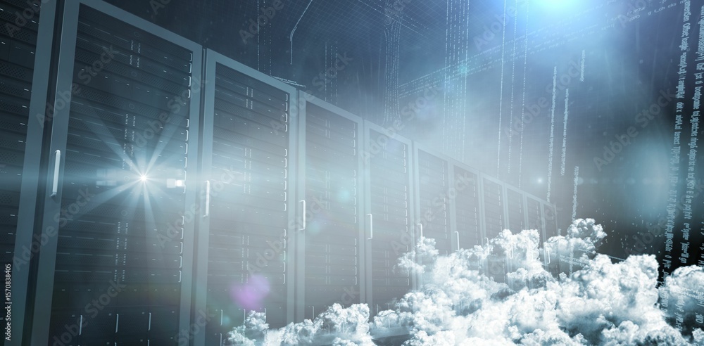 Poster flat design is showing server racks in aisle with status leds, drifting clouds, rising code streams