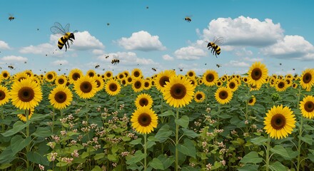 Vibrant field of sunflowers with many flying bees under a blue sky with fluffy white clouds, showcasing the beauty of nature, pollination, and the importance of bees for a healthy ecosystem.