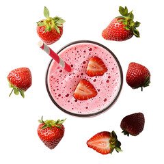 
a glass with a strawberries and black berry flavoured smoothie.top view