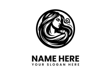 Graphic logo of a woman with flowing hair and a snake, contained within a circle.