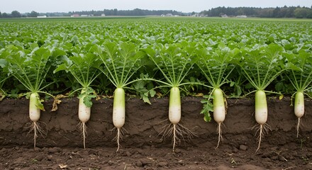 Freshly harvested white daikon radishes emerging from the soil in a field, showcasing their vibrant green leaves and roots, a symbol of organic farming and healthy eating.