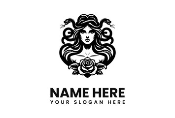 A detailed black and white illustration of Medusa with snakes and a rose.