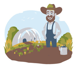 Cartoon Farmer in Garden with Greenhouse and Organic Vegetables Vector Art