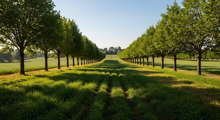 Scenic symmetrical tree-lined avenue in a field, leading the eye to the horizon. Lush green grass, blue sky and sunlight create a tranquil landscape perfect for nature and travel imagery.