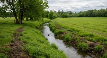 Serene landscape featuring a flowing creek meandering through a lush green meadow under a cloudy sky, surrounded by trees and natural beauty, perfect for nature and environment concepts.