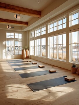 Fototapeta Serene yoga studio in a holistic wellness center with natural light, minimalist design, calm atmosphere, spacious floor, and peaceful environment for meditation, stretching, and mindful exercise  