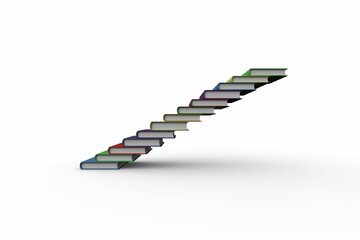 14 colorful hardcover books are floating diagonally to form staircase over white backdrop, vector