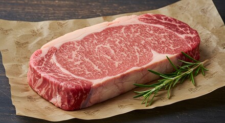 Premium Wagyu Ribeye Steak on Butcher Paper with Rosemary, Close-up of Marbling and Texture, Gourmet Food Photography, Culinary Concept, Raw Meat, Delicious Food, High-Quality Beef