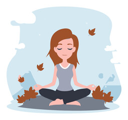 Peaceful Woman Meditating in Nature with Floating Leaves and Soft Colors