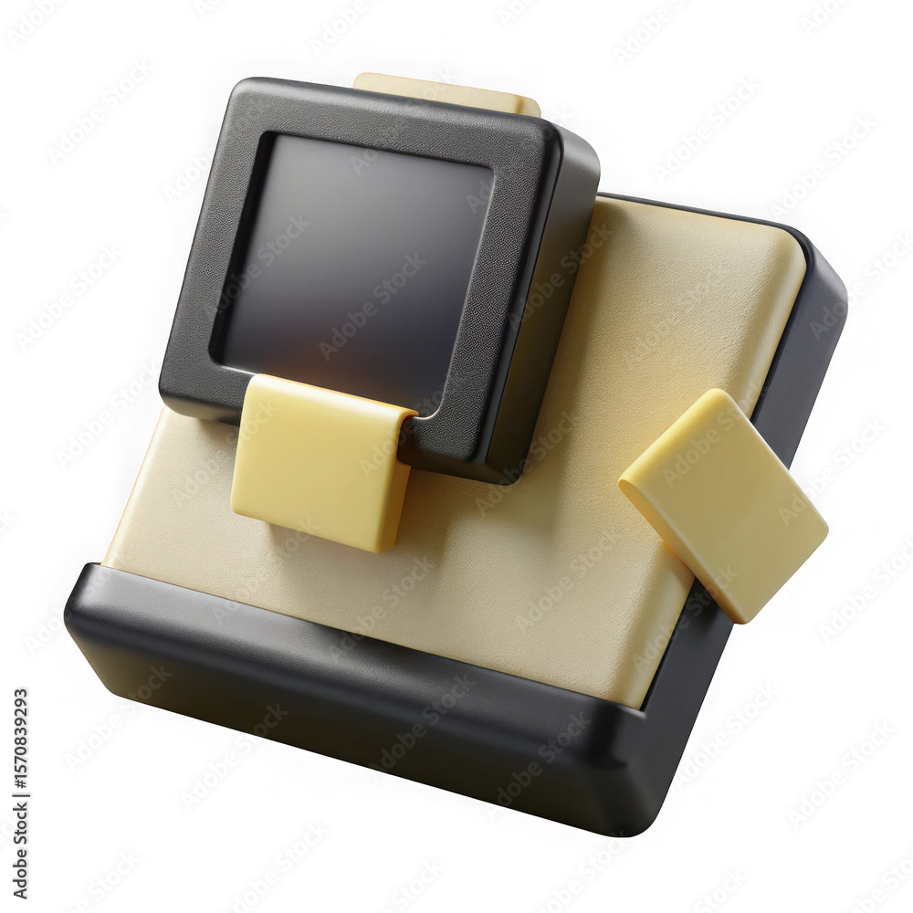 Poster abstract 3d render of a digital device with yellow accents isolated on transparent background