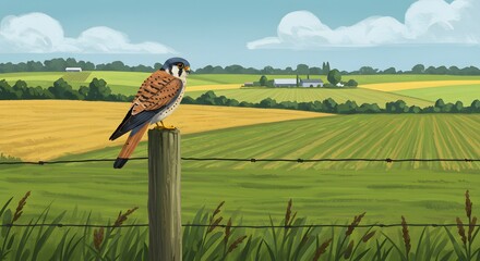 Digital illustration of a perched American Kestrel, a small falcon, on a wooden post overlooking a vibrant, stylized agricultural landscape with farm buildings and fields under a sunny, blue sky.