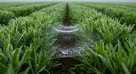 Close-up view of a delicate spiderweb adorned with glistening water droplets, set amidst vibrant green foliage in a field, showcasing natural beauty, dew, and macro details.