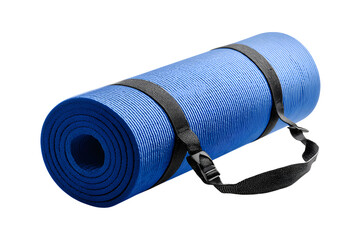 Rolled blue yoga mat with strap, isolated on a transparent background, fitness