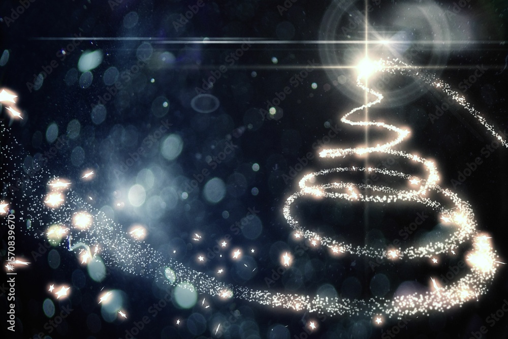 Poster spiral of particles is forming helix with bright starburst and spark specks in abstract backdrop