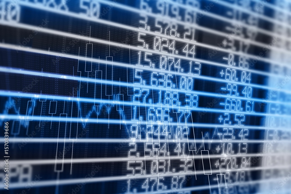 Poster Displaying digital interface showing candlestick chart with line graph overlay and numerical data