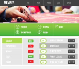 Naklejka premium Flat illustration is showing hand holding two cards over red felt, poker chips, sports interface