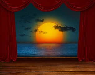 Obraz premium Flat design ocean sunset is unfolding on theater stage, with red velvet curtains and wooden floor