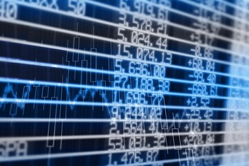 Displaying digital interface showing candlestick chart with line graph overlay and numerical data