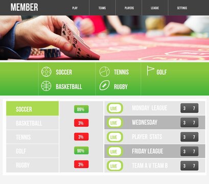 Flat illustration is showing hand holding two cards over red felt, poker chips, sports interface