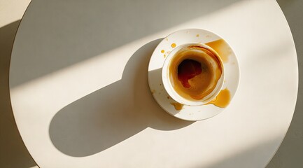 Sunlight illuminates a nearly empty coffee cup and saucer with spilled coffee stains on a white table.  The shadow cast is elongated