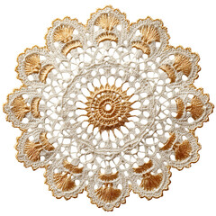 Delicate circular lace crochet doily in cream yarn, elegant vintage threadwork with perfect symmetry, viewed top-down, isolated transparent background with minimal design