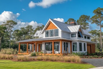 Obraz premium Charming Modern Farmhouse Facade with Rustic Elements and Inviting Front Porch Design Features.