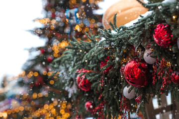 Magical Christmas background. Concept of preparation and decoration for the New Year. Holiday toys...