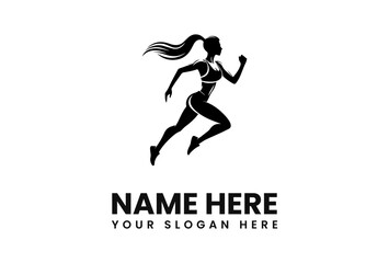 Silhouette of a woman running, depicted in black against a white background, with text below.