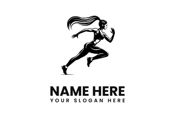 Powerful female athlete sprinting, dynamic silhouette logo design.