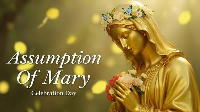 Celebrating the Assumption of Mary Day Golden Statue Animation with Falling Leaves and Floral Crown