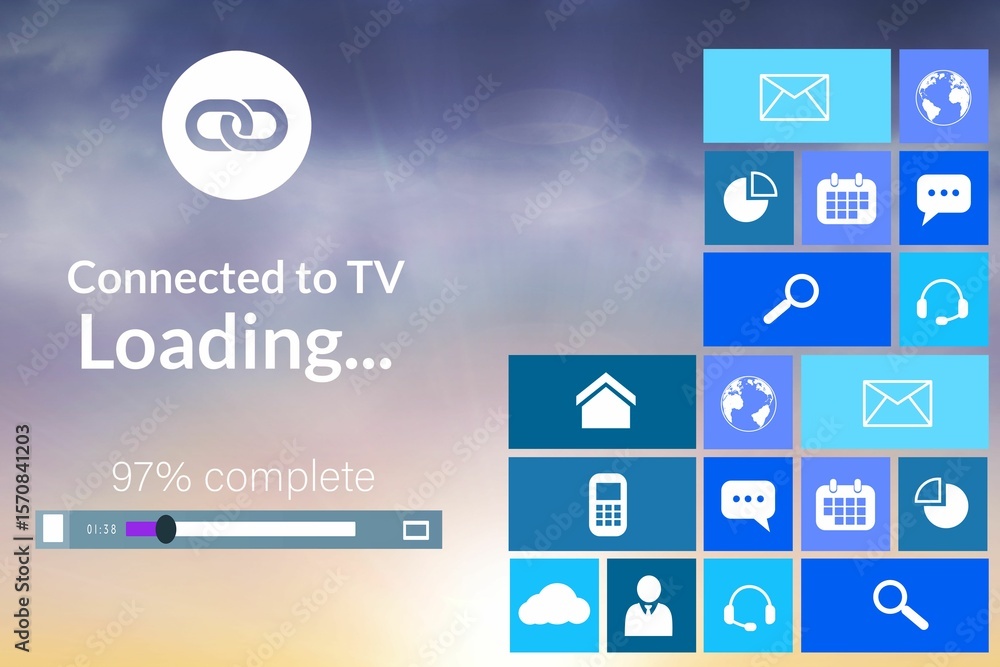 Poster progress bar and text with various icons on device screen