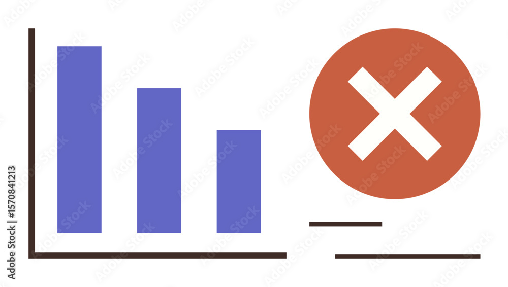 Poster blue bar graph decreasing left to right with large red cross overlay. ideal for analytics failure, e