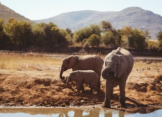 Naklejka premium Elephant family by lake in forest