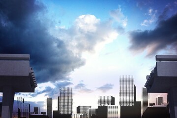 Unfinished concrete beams are framing grid-like skyline silhouette in flat design, dawn clouds
