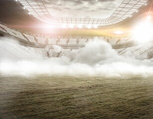 Flat design illustration is showing misty grass pitch under seating tiers and bright floodlights