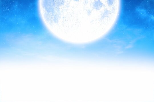 Naklejki Giant full moon is glowing in flat design night sky with scattered stars and glowing horizon