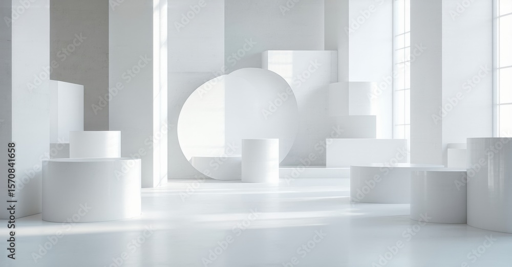 Poster minimalist stage design. white geometric shapes create abstract space. soft lighting emphasizes clea
