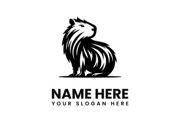 A stylized black and white illustration of a seated capybara.