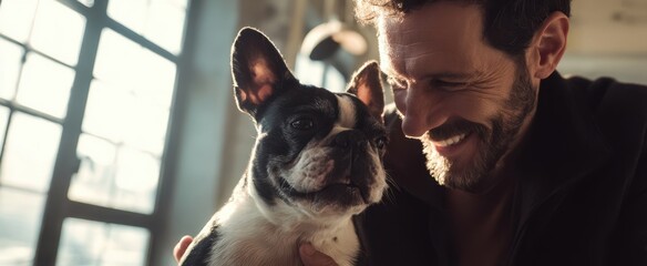 The man enjoying a joyful moment with his beloved French Bulldog companion.