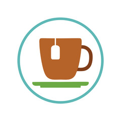 Brown teacup with tea bag on green saucer vector
