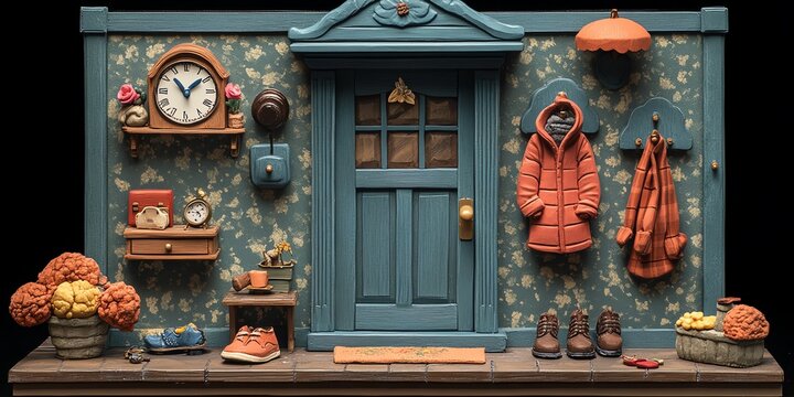 Colorful Vintage Coat Rack and Home Decor Wall Scene with Blue Door and Accessories