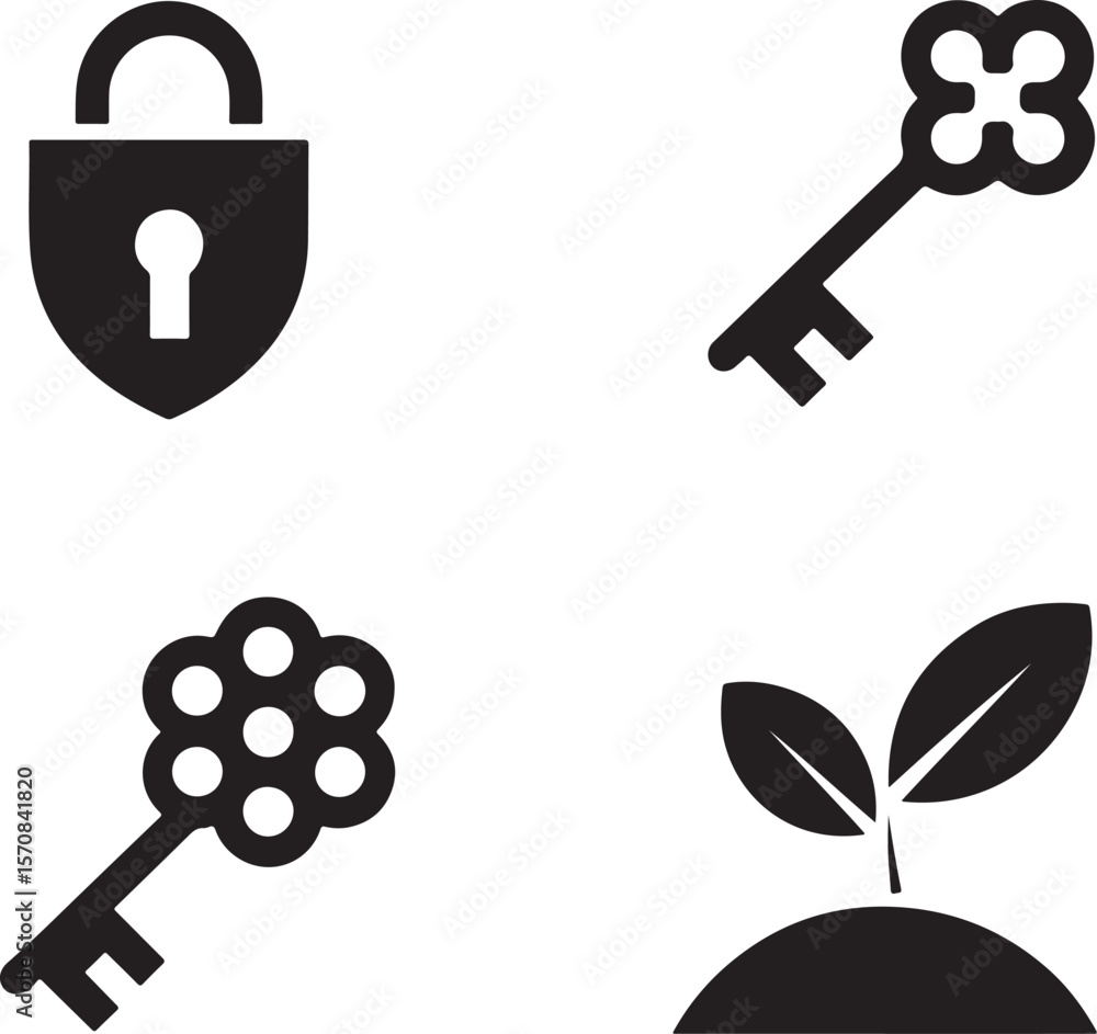 Poster visual metaphors security growth and solutions a lock two keys and a plant symbolizing trust progres