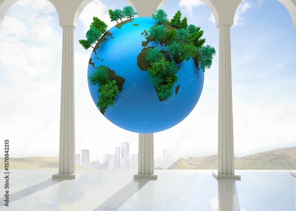 Poster 3d earth globe sprouting green trees on classical column within marble arcade framing misty skyline