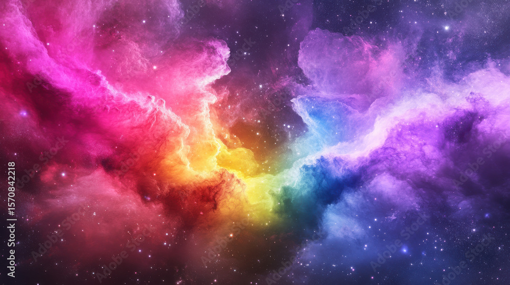 Poster bright rainbow color cosmic nebula with star field illuminating space. abstract universe galaxy back